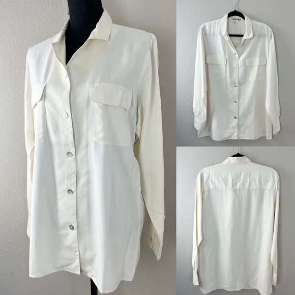 Winter Silk Womens 100% Silk Blouse Top Long Sleeve Ivory Cream Vintage 12 - Picture 1 of 9